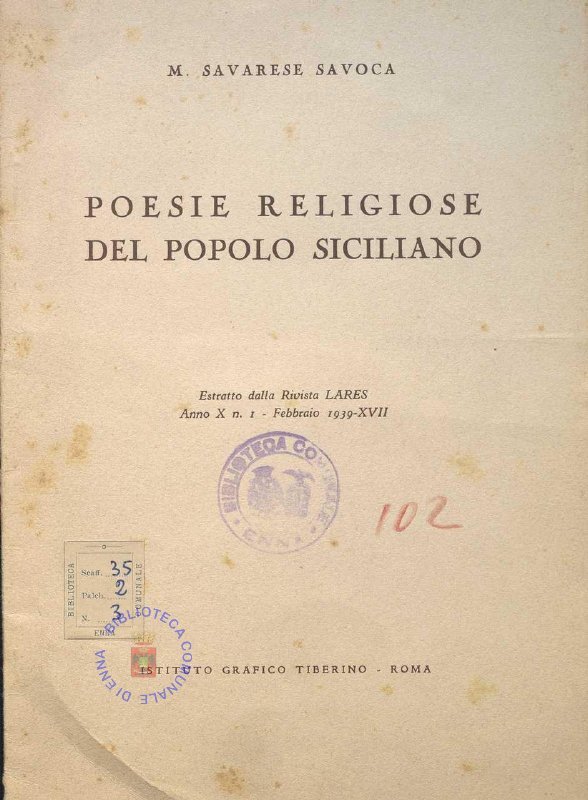 SEZ. SAV. .35.2.3 - POESIE RELIGIOSE DEL POPOLO SICILIANO. M. SAVARESE SAVOCA 1939