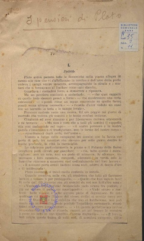 SEZ. SAV. M.35.2.11 - DATTILOSCRITTO I PENSIERI DI PLOTO. NINO SAVARESE. 1939-40