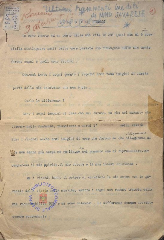 SEZ. SAV. M.35.2.12 - DATTILOSCRITTO SOGNI EO RICORDI. NINO SAVARESE. 1939-40