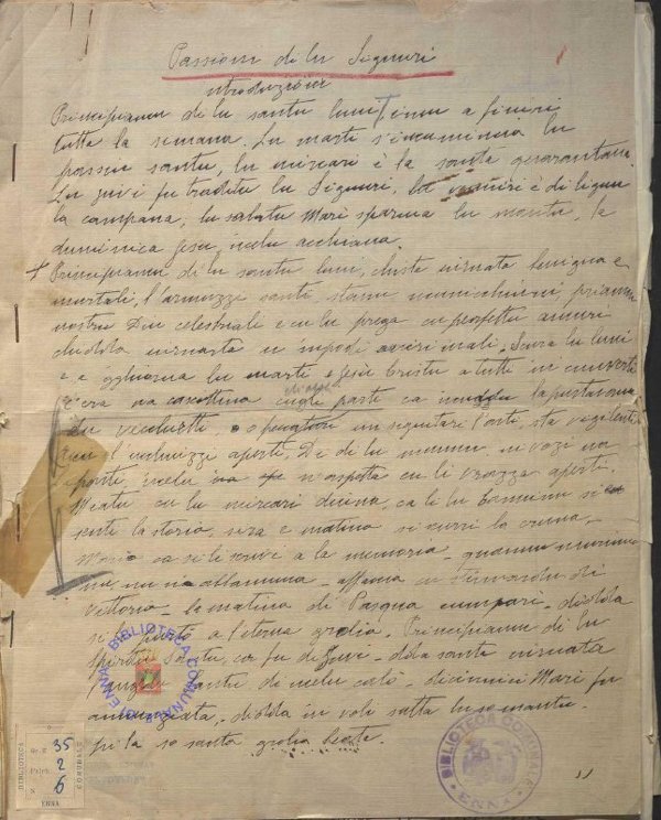 SEZ. SAV. 35.2.6 - PASSIONE DI LU SIGNURI. M. SAVARESE SAVOCA. 1939-40