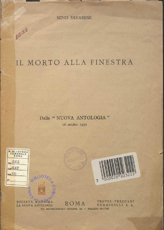 SEZ. SAV. 39 - IL MORO ALLA FINESTRA, DALLA 2 NUOVA ANTOLOGIA”. NINO SAVARESE. 1932