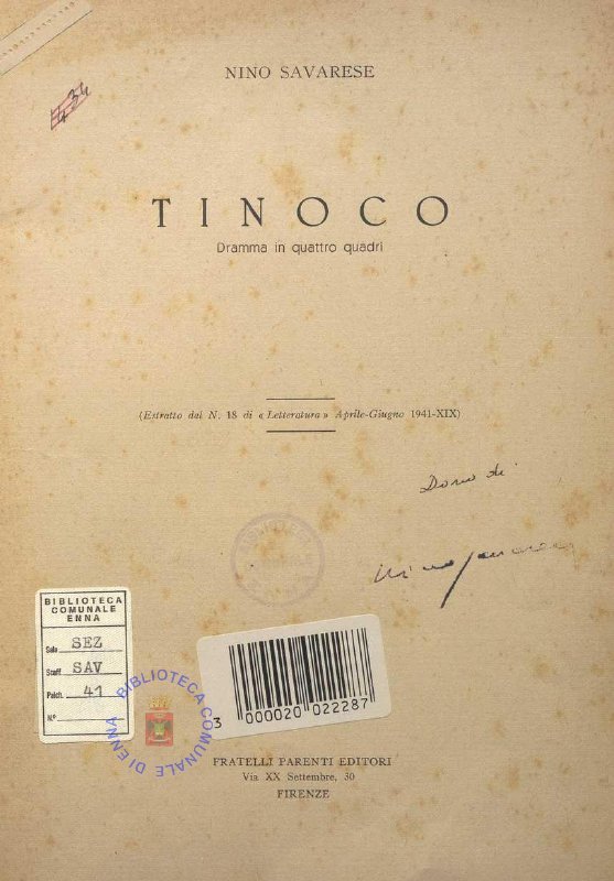 SEZ. SAV. 41 -TINOCO, DRAMMA IN QUATTRO QUADRI. NINO SAVARESE. 1941