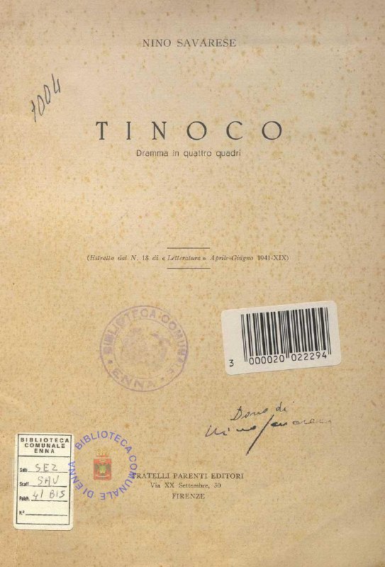 SEZ. SAV. 41 BIS - TINOCO, DRAMMA IN QUATTRO QUADRI. NINO SAVARESE. 1941