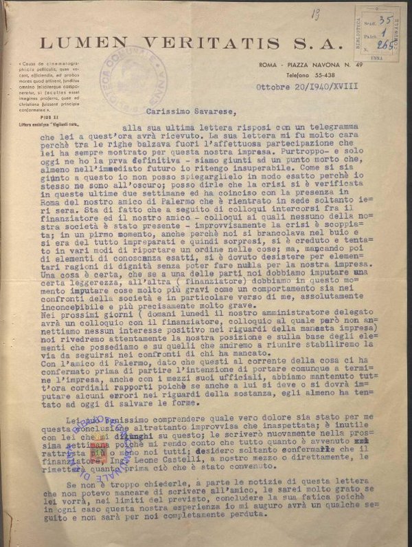 SEZ.SAV. 35.1.265 - LETTEREDOCUMENTI DI NINO SAVARESE