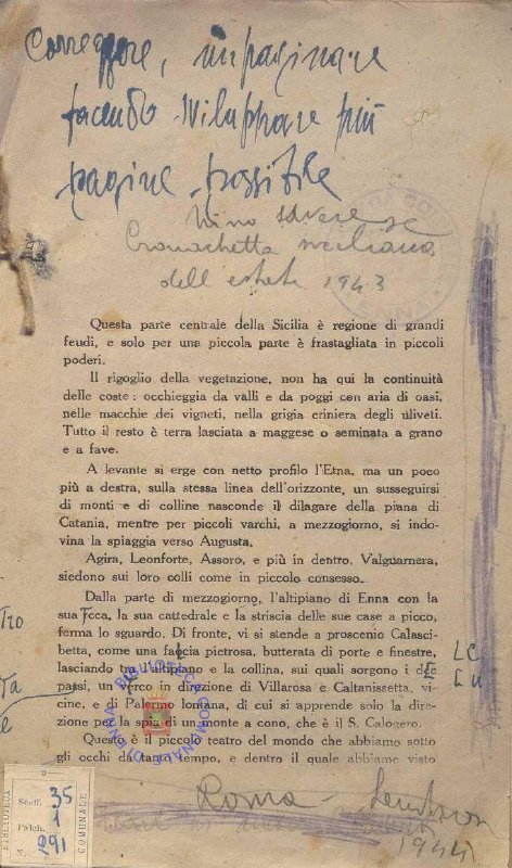 SEZ.SAV. 35.1.291 - CRONACHETTA SICILIANA DELL’ESTATE 1943. APPUNTI. NINO SAVARESE