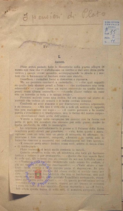 SEZ.SAV. M.35.2.11 - PENSIERI DI PLOTO. NINO SAVARESE