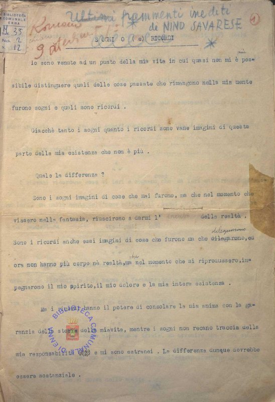 SEZ.SAV. M.35.2.12 - ULTIMI FRAMMENTI INEDITI DI NINO SAVARESE