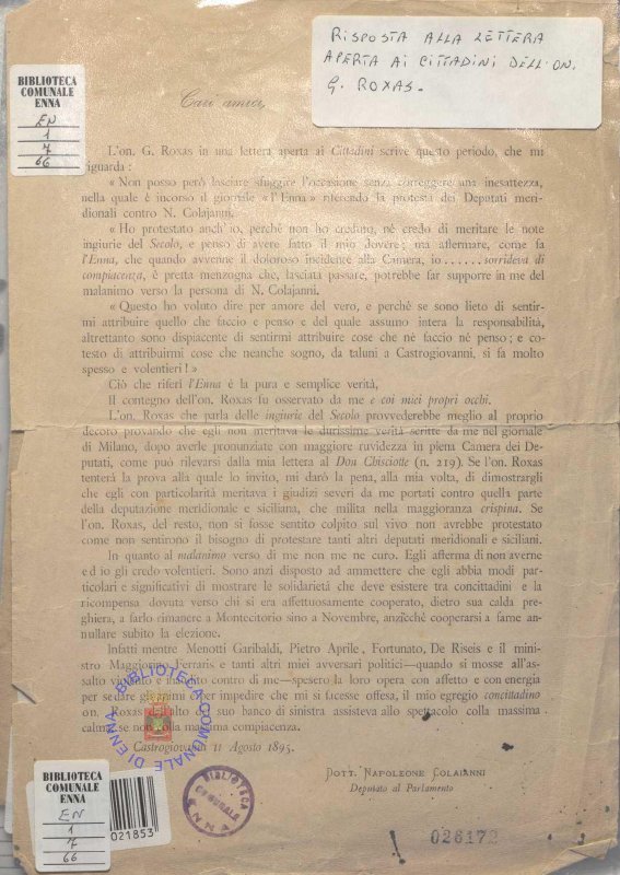 EN.1.7.66-102 - NAPOLEONE COLAJANNI, LETTERE