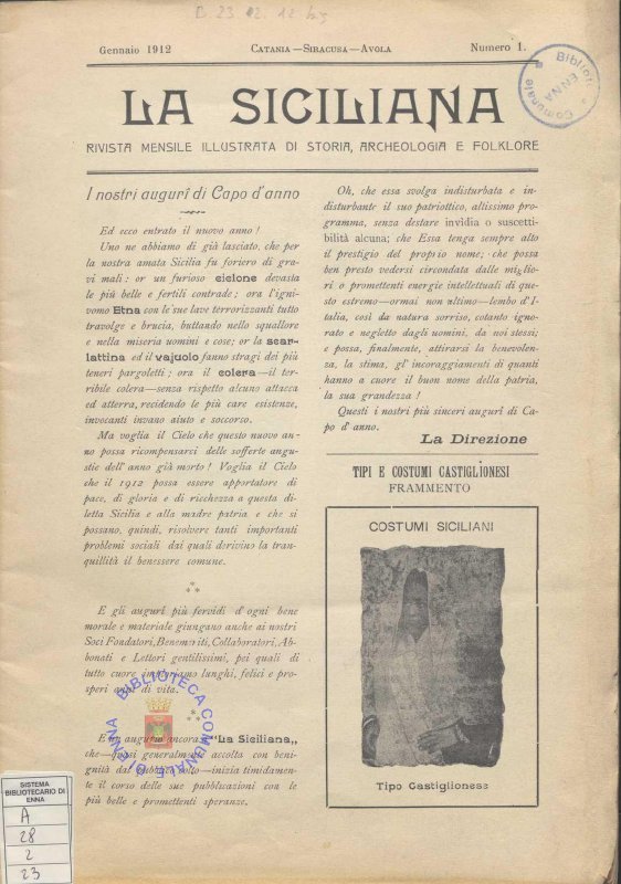 a.28.2.23 - LA SICILIANA. RIVISTA MENSILE ILLUSTRATA DI STORIA, ARCHEOLOGIA E FOLKLORE. 1912
