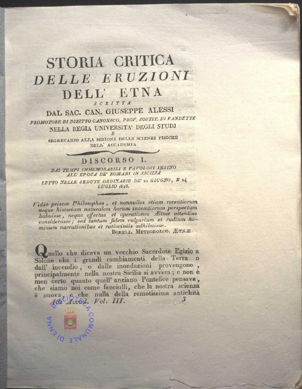 M.18.6.23 - Storia Critica Delle Eruzioni Dell'Etna-Scritta dal Sac. Can. Giuseppe Alessi- Biblioteca Comunale Enna Scaff.18-Palch.6-N.23