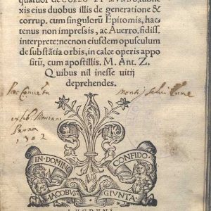C.36.3.22 - DE COELO ET MUNDO, DE GENERATIONE ET CORRUPTIONE DI ARISTOTELE. JACQUES GIUNTA. 1542