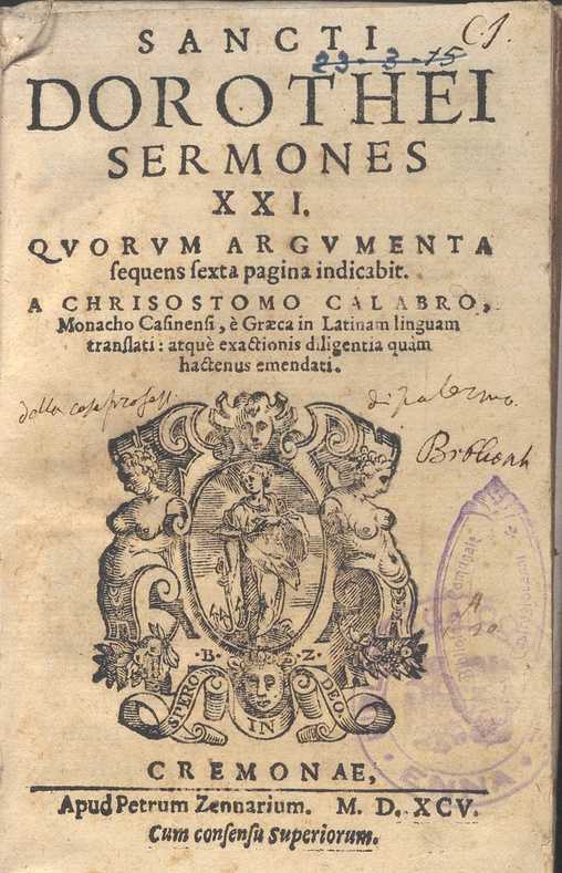 C.34.2.12 – SERMONI DI SAN DOROTEO DI GAZA. CRISOSTOMO CALABRO.1595