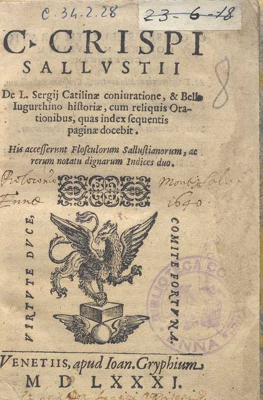 C.34.2.28 – DE CONIURATIONE SERGIJ CATILINAE. SALLUSTI. C. CRISPI. 1588
