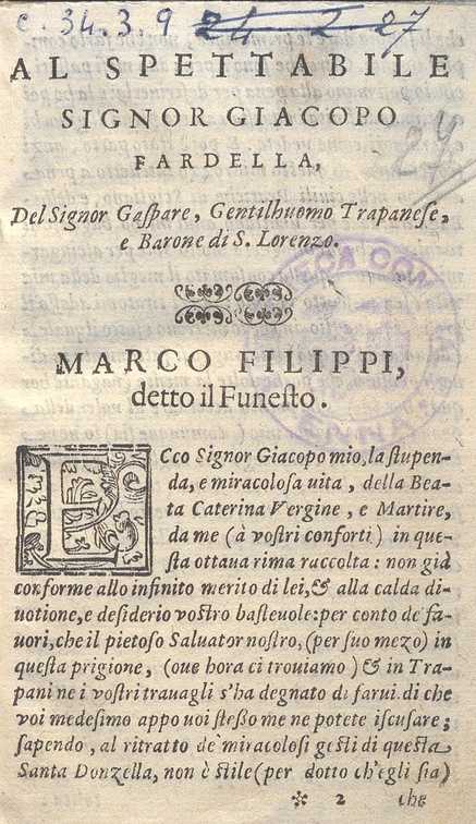 C.34.3.9 – VITA DI SANTA CATERINA. RIME SPIRITUALI. MARCO FILIPPI. 1513-1562