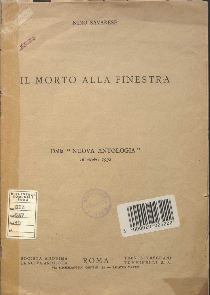 SEZ. SAV. 39 – IL MORO ALLA FINESTRA, DALLA 2 NUOVA ANTOLOGIA”. NINO SAVARESE. 1932