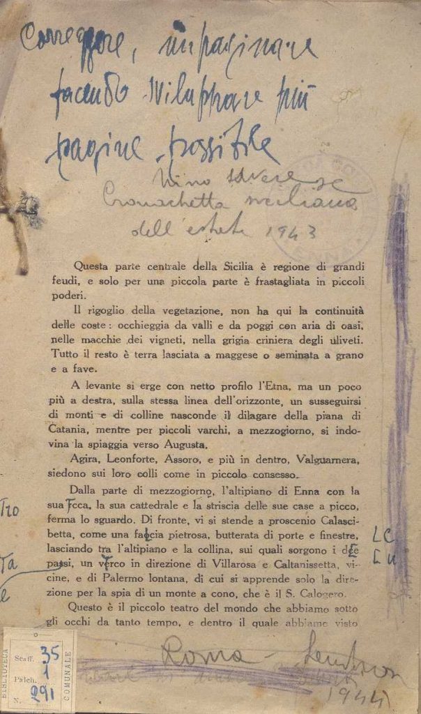 SEZ.SAV. 35.1.291 – CRONACHETTA SICILIANA DELL’ESTATE 1943. APPUNTI. NINO SAVARESE