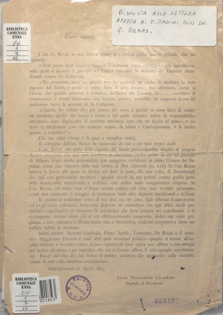 EN.1.7.66-102 – NAPOLEONE COLAJANNI, LETTERE