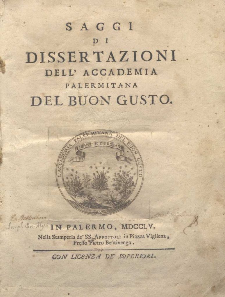 C.M. 17. E. 16 – SAGGI DI DISSERTAZIONI DELL’ACCADEMIA PALERMITANA DEL BUON GUSTO. 1755