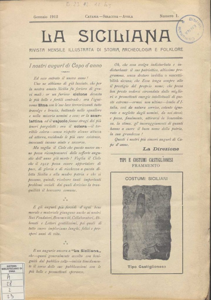 a.28.2.23 – LA SICILIANA. RIVISTA MENSILE ILLUSTRATA DI STORIA, ARCHEOLOGIA E FOLKLORE. 1912