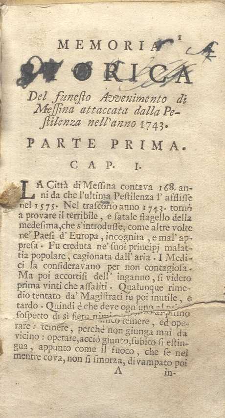 C.M. 11. E. 1 – MEMORIA STORICA DELLA PESTE DI MESSINA. TURRIANO ORAZIO. 1743