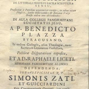 C.M. 14. E. 2 - DISSERTATIO BIBLICO-PHYSICA. P. BENEDETTO PLAZZA. 1734