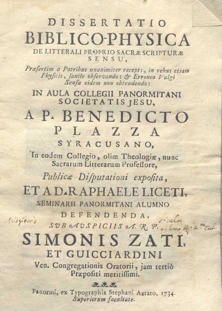 C.M. 14. E. 2 – DISSERTATIO BIBLICO-PHYSICA. P. BENEDETTO PLAZZA. 1734