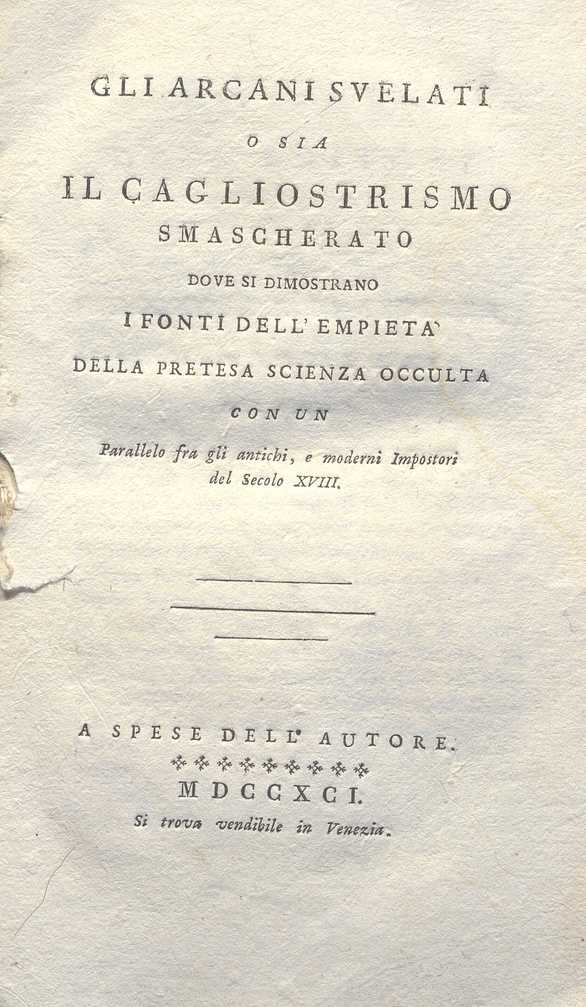 C.M. 14. H. 28 – CORRISPONDENZA SEGRETA DELLA VITA PUBBLICA E PRIVATA DEL CONTE CAGLIOSTRO. GIUSEPPE COMPAGNONI. 1791