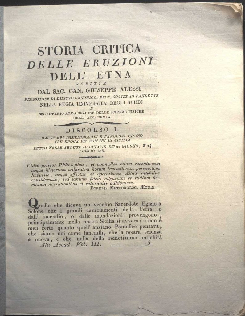M.18.6.23 – Storia Critica Delle Eruzioni Dell’Etna-Scritta dal Sac. Can. Giuseppe Alessi- Biblioteca Comunale Enna Scaff.18-Palch.6-N.23