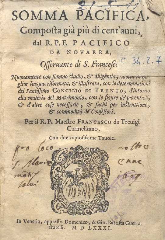C.34.2.7 – SOMMA PACIFICA. PACIFICO DA NOVARA. 1581