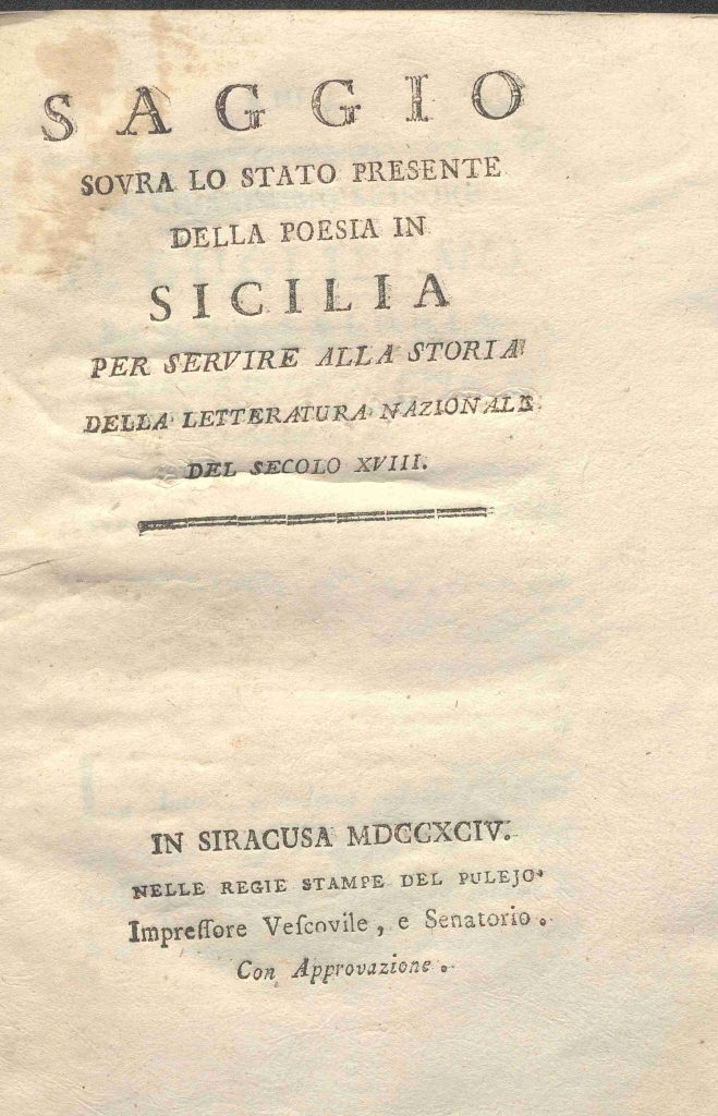 C.M. 15. I. 30 – SAGGIO SOPRA LO STATO PRESENTE DELLA POESIA IN SICILIA. FRANCESCO DI PAOLA AVOLIO. 1794