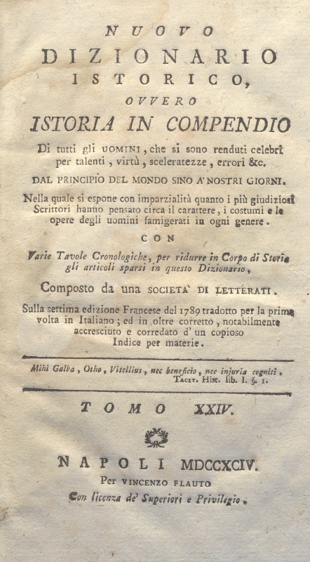 CM.16.A.24 – NUOVO DIZIONARIO ISTORICO OVVERO ISTORIA IN COMPENDIO. COMPOSTO DA UNA SOCIETA’ DI LETTERATI. 1794. TOMO XXIII