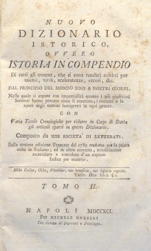 CM.16.A.2 – NUOVO DIZIONARIO ISTORICO OVVERO ISTORIA IN COMPENDIO. COMPOSTO DA UNA SOCIETA’ DI LETTERATI. 1791. TOMO II