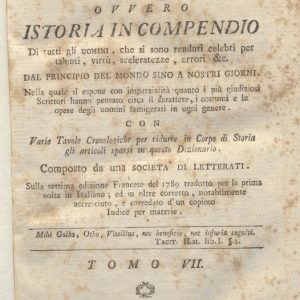 CM.16.A.7 - NUOVO DIZIONARIO ISTORICO OVVERO ISTORIA IN COMPENDIO. COMPOSTO DA UNA SOCIETA’ DI LETTERATI. 1791. TOMO VII