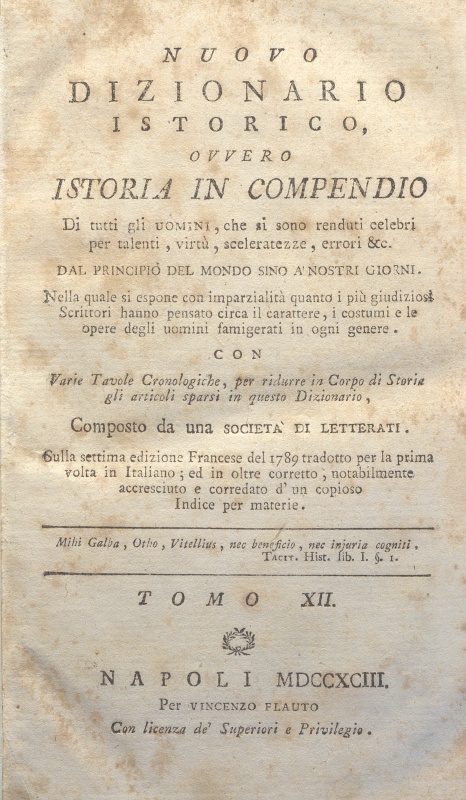 CM.16.A.12 – NUOVO DIZIONARIO ISTORICO OVVERO ISTORIA IN COMPENDIO. COMPOSTO DA UNA SOCIETA’ DI LETTERATI. 1791. TOMO XII
