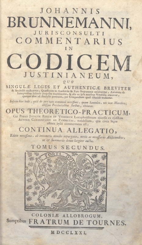 CM.19.G.15 – COMMENTARIUS IN CODICEM JUSTINIANEUM. JOHANNIS BRUNNEMANNI. 1771. TOMO II