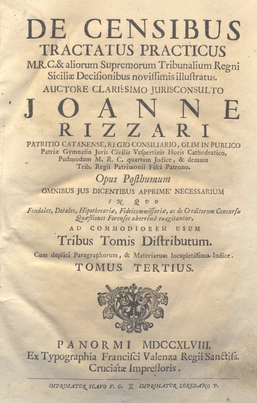 CM.18.H.6 – DE CENSIBUS TRACTATUS PRATICUS. JOHANNE RIZZARI. 1748. TOMUS III
