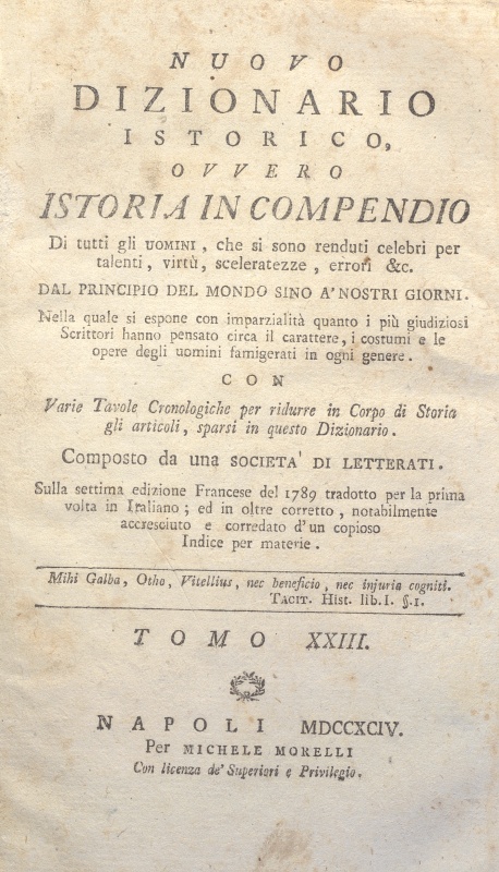 CM.16.A.23 – NUOVO DIZIONARIO ISTORICO OVVERO ISTORIA IN COMPENDIO. COMPOSTO DA UNA SOCIETA’ DI LETTERATI. 1794. TOMO XXIII