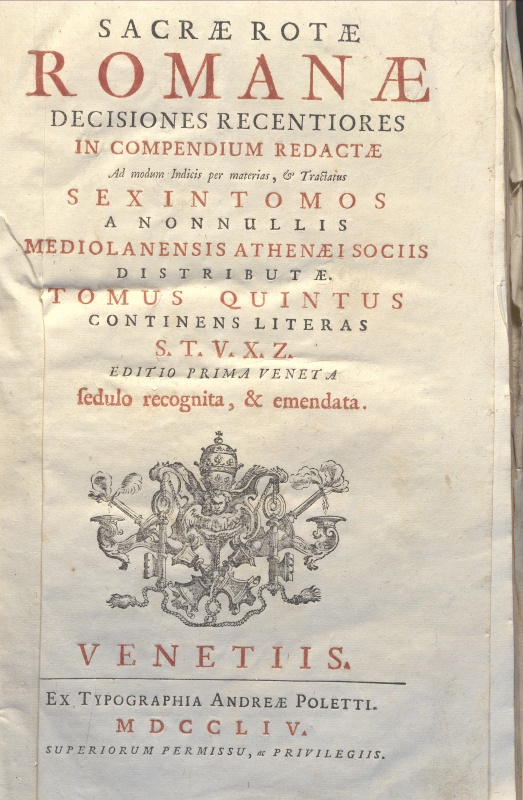 CM.19.F.16 - SACRAE ROTAE ROMANAE. DECISIONES. DON GREGORIO DE CLERICIS. 1754 TOMO I