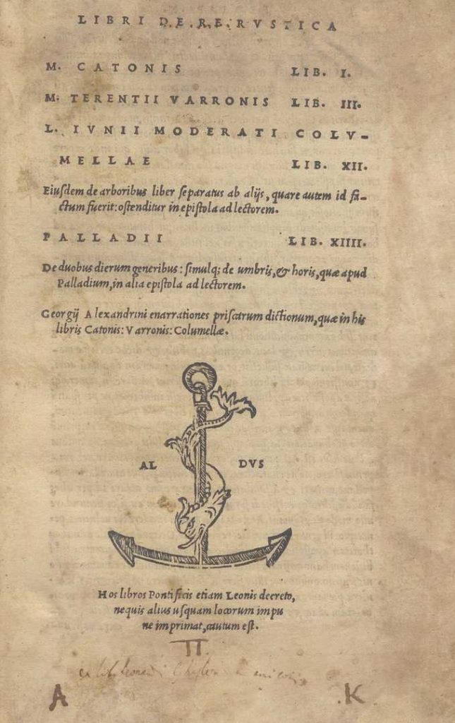 CM.2.D.2 – DE RE RUSTICA. ALDO MANUZIO. 1534