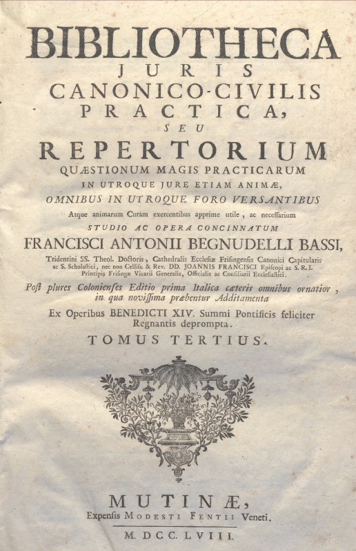 CM.19.F.19 - BIBLIOTHECA JURIS CANONICO-CIVILIS. CETERIS AUCTIOR. 1758. TOMO III