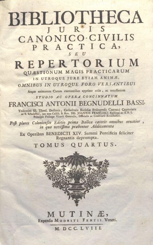 CM.19.F.20- BIBLIOTHECA JURIS CANONICO-CIVILIS. CETERIS AUCTIOR. 1758. TOMO IV