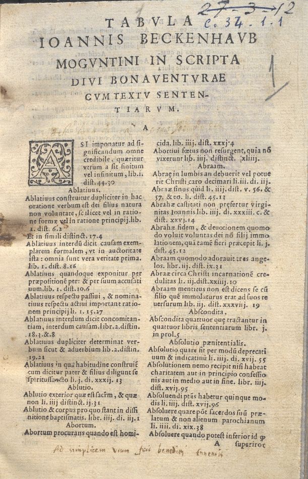 TABULA IN SCRIPTAE BONAVENTURAE. I. BECKENHAUB 1587