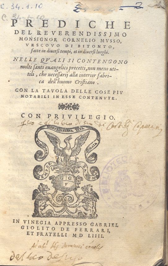 C.34.1.10 – PREDICHE DEL REVERENDISSIMO MONSIGNOR CORNELIO MUSSO VESCOVO DI BITONTO. 1554