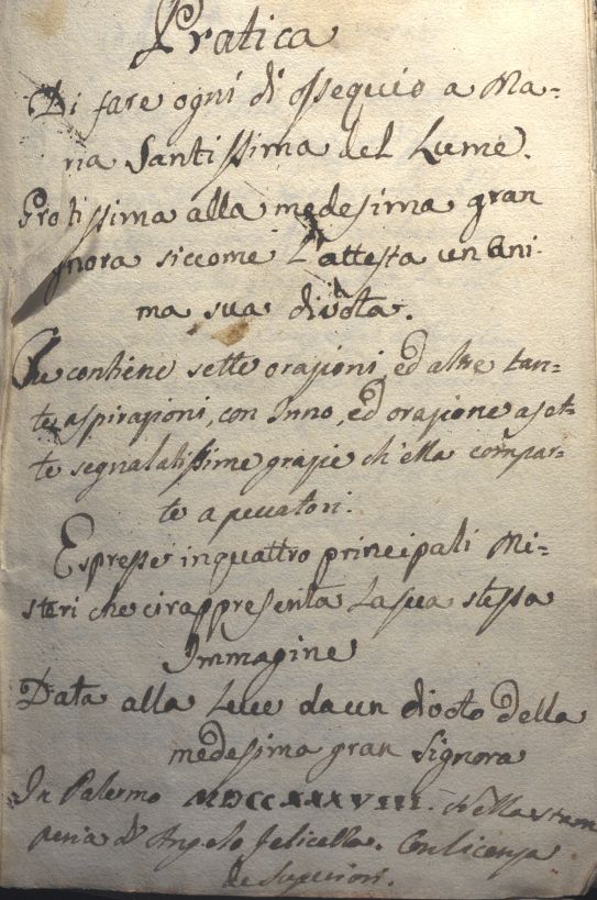 PRATICA DI FAR OSSEQUIO A MARIA SANTISSIMA DEL LUME-PALERMO
