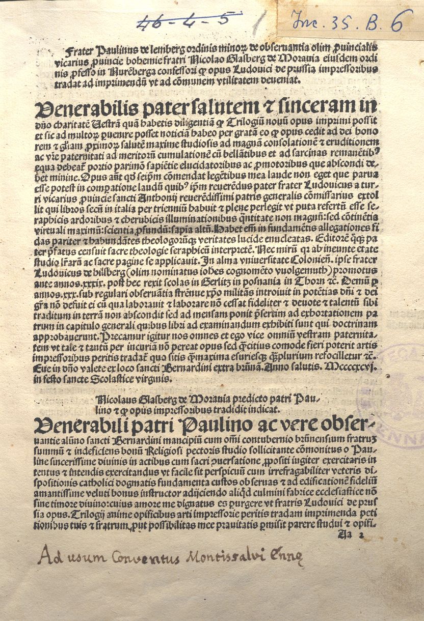 LUDOVICUS DE PRUSSIA, TRILOGIUM ANIMAE. PECEDONO PAULINUS DE LENBERG, EPISTOLA; NICOLAUS GLASBERG, EPISTOLA. NORIMBERGA 1498