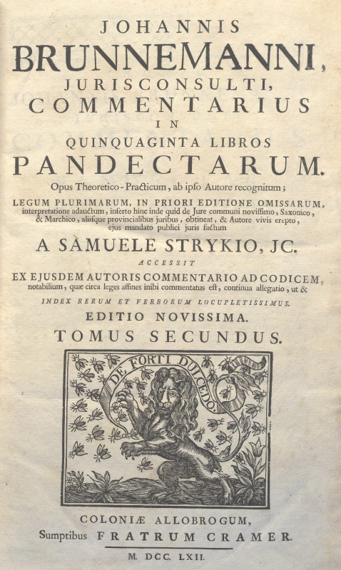 CM.19.G.13 - COMMENTARIA IN QUINQUAGINTA LIBROS PANDECTARUM. JOHANNIS BRUNNEMANNI. 1762. TOMO II